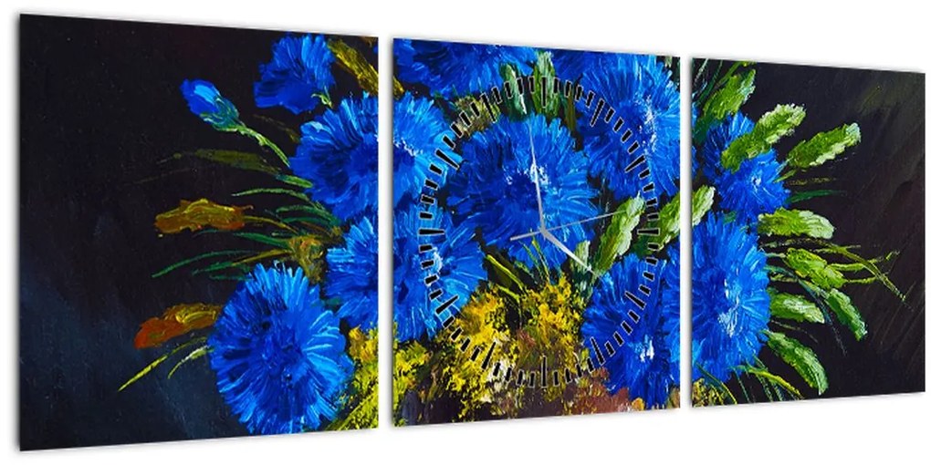 Tablou - Flori albastre în vază (cu ceas) (90x30 cm)