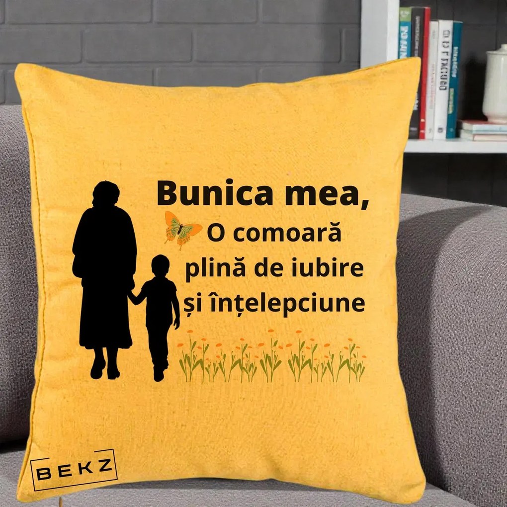 Cadou pentru Bunica - Perna Personalizata Bunica Mea Comoara cu Fluture si Baietel, 40x40 cm, Galben, Husa Detasabila, Perna Inclusa, BEKZ®