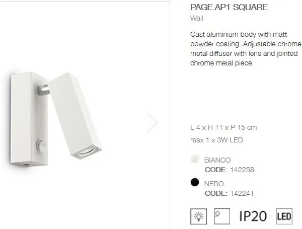 Aplica moderna, directionabila, LED PAGE AP SQUARE BIANCO 142258