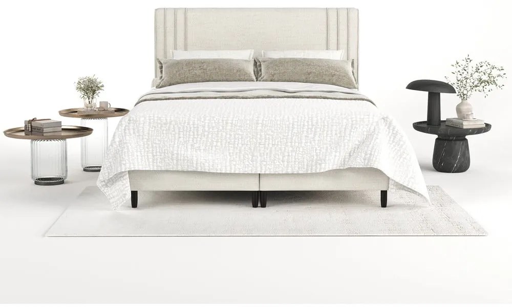 Pat matrimonial bej tapițat cu spațiu de depozitare 160x200 cm Musca – Maison de Rêve