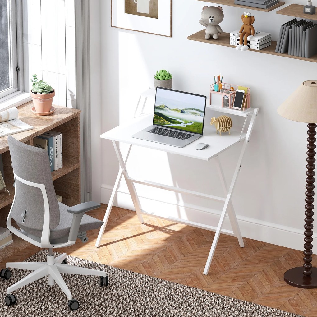HOMCOM Birou Pliabil cu Poliță pentru Monitor, 81.5x62x86.5 cm Alb | Aosom Romania