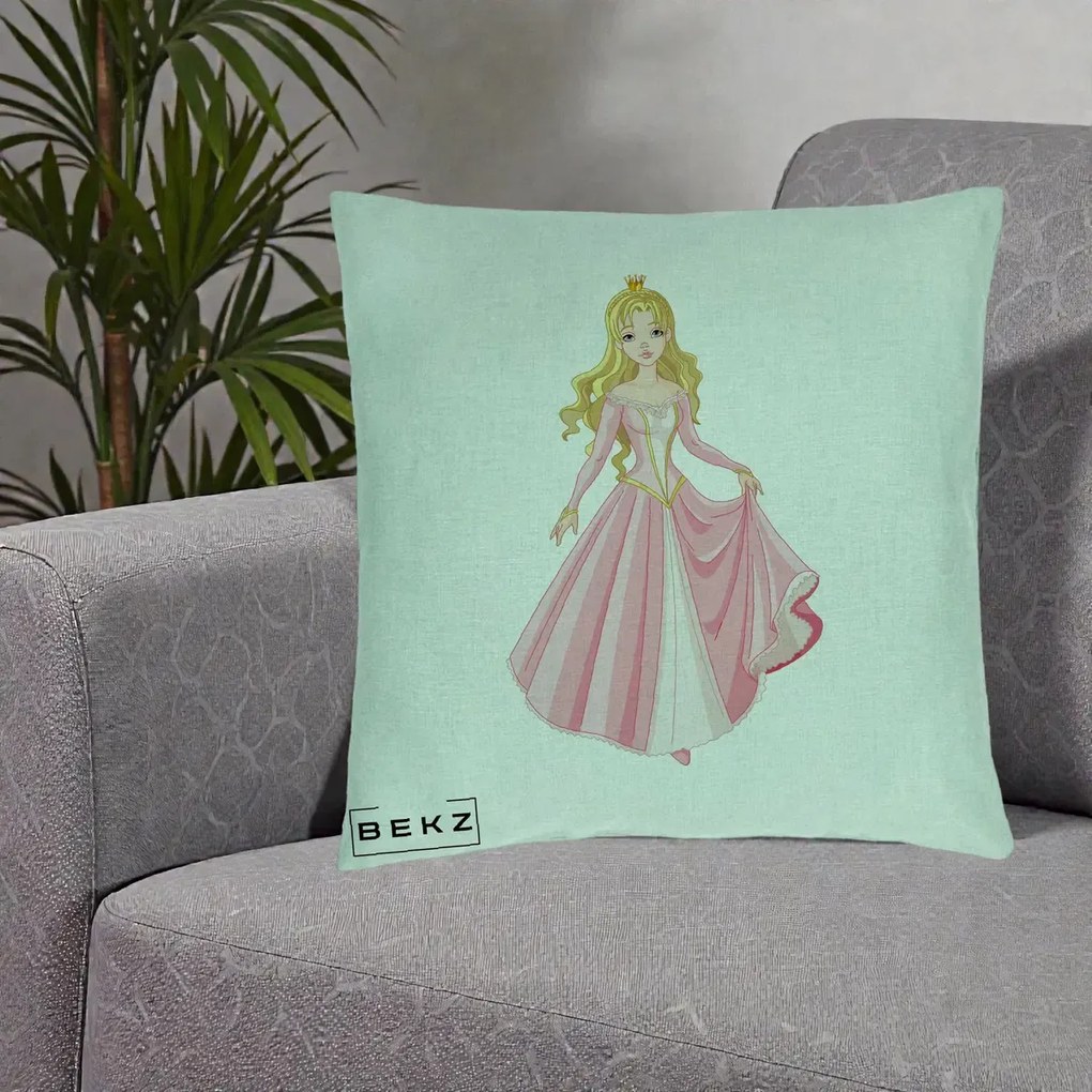 Perna Decorativa Printesa Aurora Rochie Roz, 40x40 cm, Verde Menta, Husa Detasabila, Perna Inclusa, BEKZ®