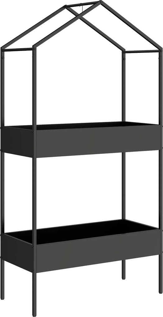 Outsunny Suport plante 2 niveluri în formă de casă, înalt 150 cm, suport flori cu cârlig, metal, Negru | Aosom Romania