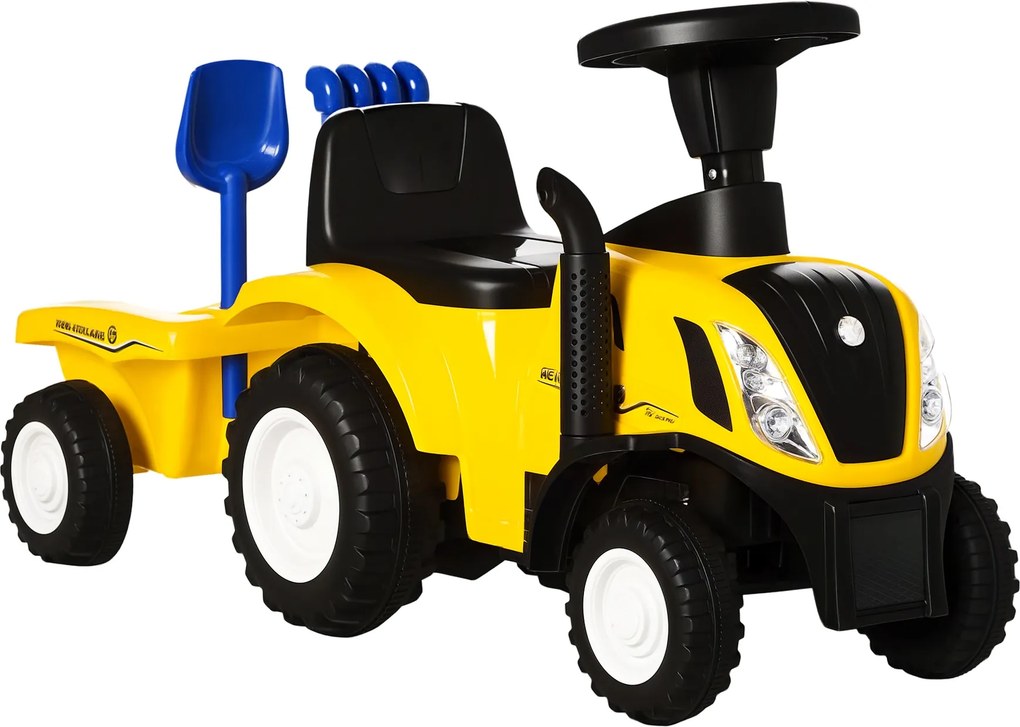 Tractor pentru Copii 12-36 Luni HOMCOM, Prevazut cu Loc cu Remorca, Grebla si Lopata, Joc Educativ, 91x29x44cm, Galben | Aosom Romania