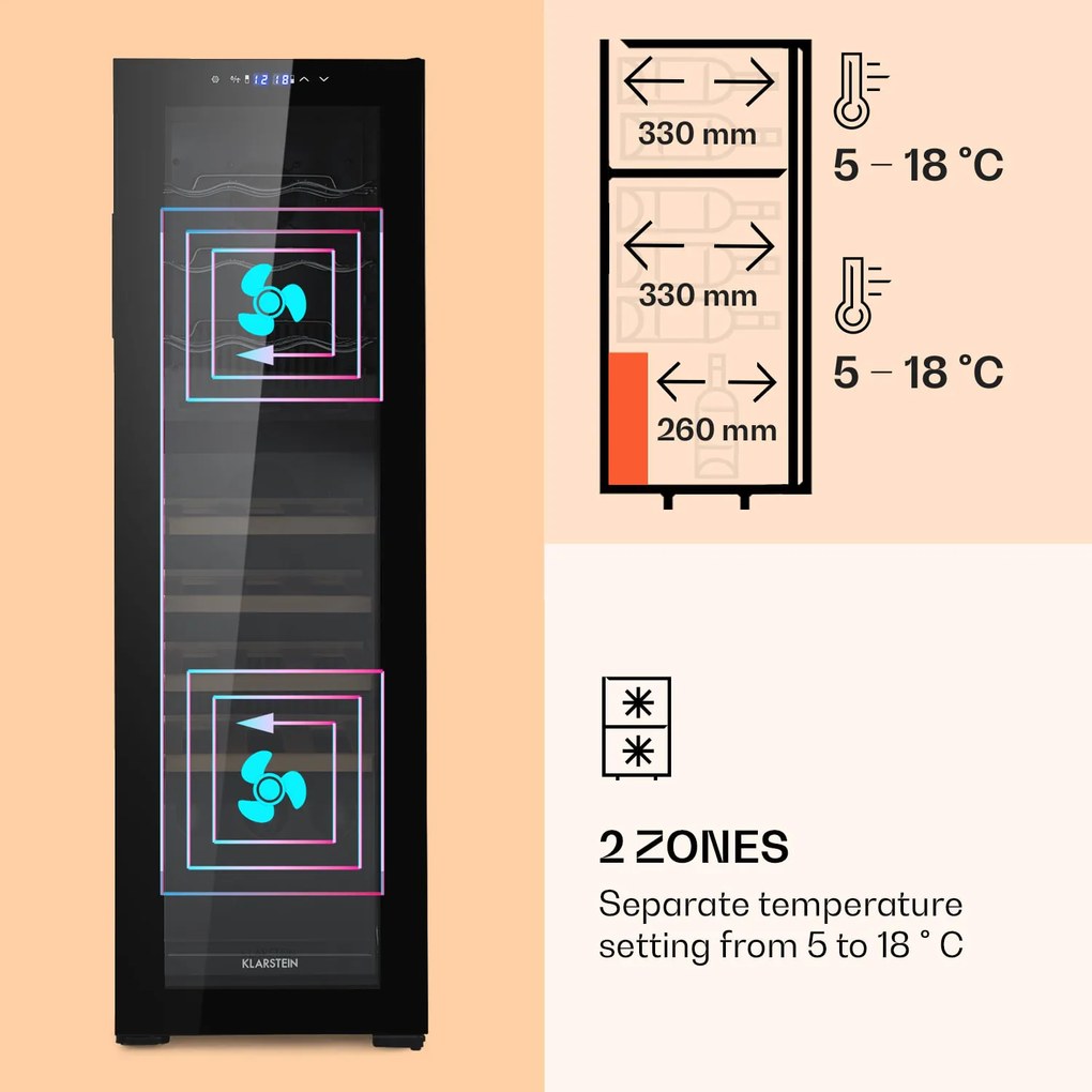 Klarstein Bovella 27 Duo +, frigider pentru vin cu două zone, 50l, 18 sticle, ușă din sticlă