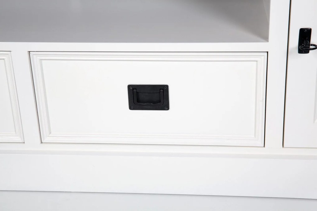 Comodă TV lemn masiv alb Lahoma 5 compartimente /Maro, 200 × 45 × 55 cm