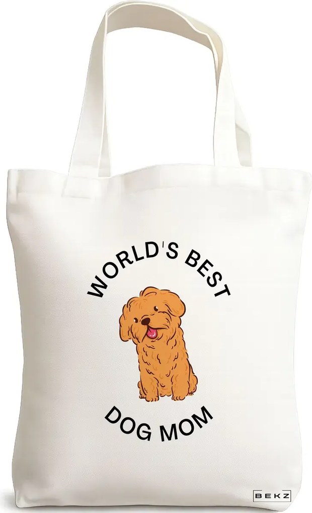 Sacosa de Panza pentru Cumparaturi, Geanta Tote, model World's best dog mom, 38x34.5 cm, Alba, BEKZ®