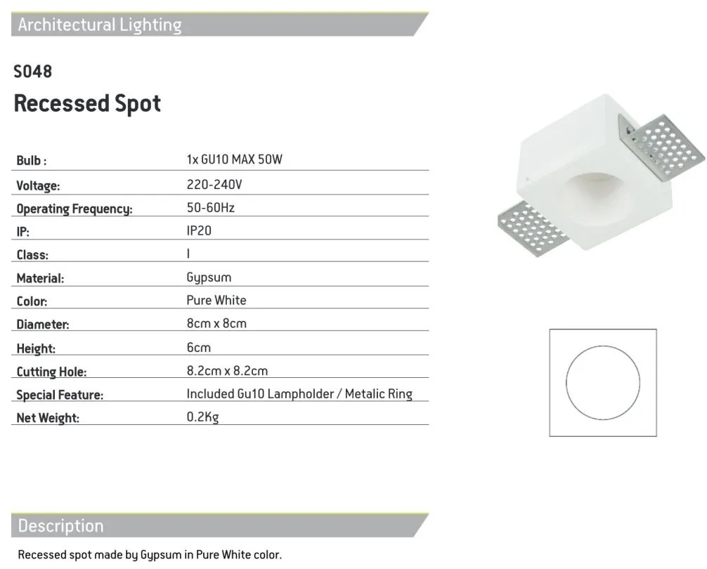Spot incastrabil tavan Gypsum alb