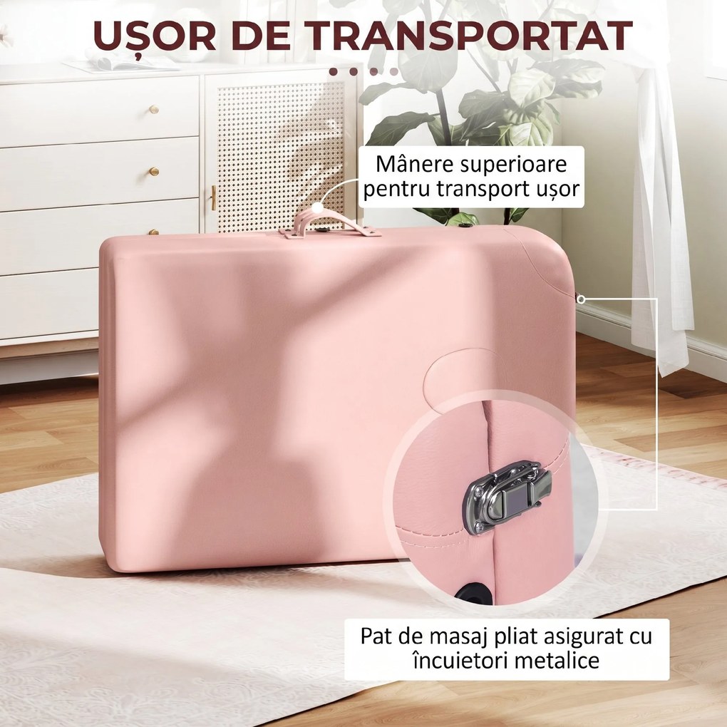 HOMCOM Pat de Masaj Pliabil cu Înălțime Reglabilă și Geantă de Transport, Structură din Lemn, Roz | Aosom Romania
