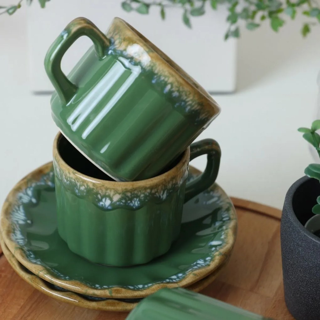 Set of 6 ceramic cups with saucers Elementa 185ml, green