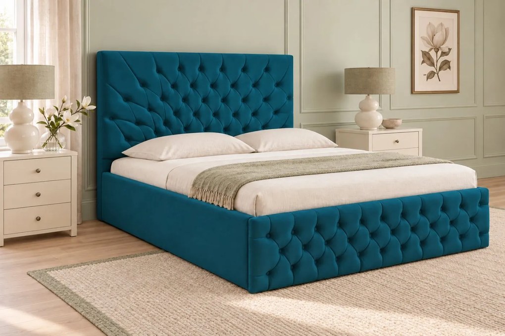 Pat tapițat Chesterfield din catifea Venezia 140×200 cm, turcoaz, cu ladă de depozitare