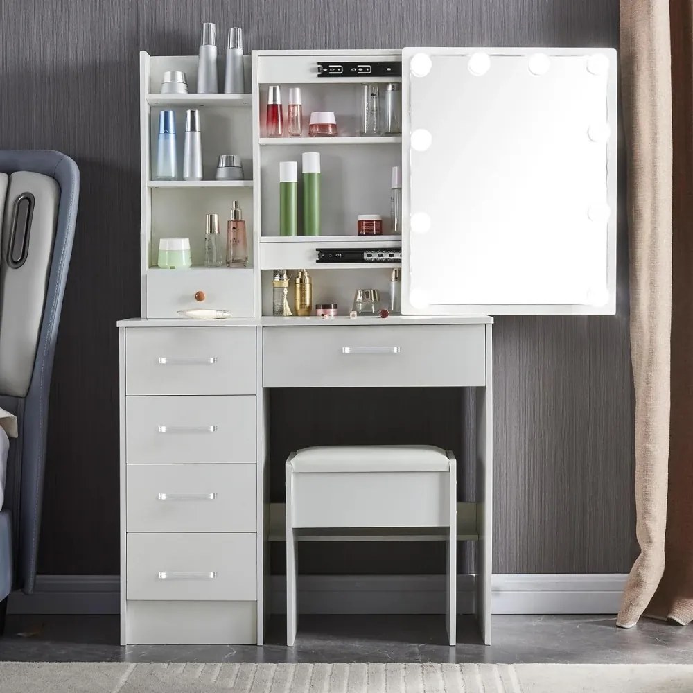 Set ELISHA – Masă de Toaletă pentru Machiaj, Oglindă glisantă iluminată, 5 sertare, Rafturi, Taburet, Alb