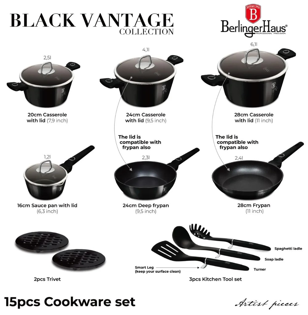 Set oale si tigai cu capace, 15 piese Black Vantage Berlinger Haus BH 8232, antiaderente, inductie, negru, design premium