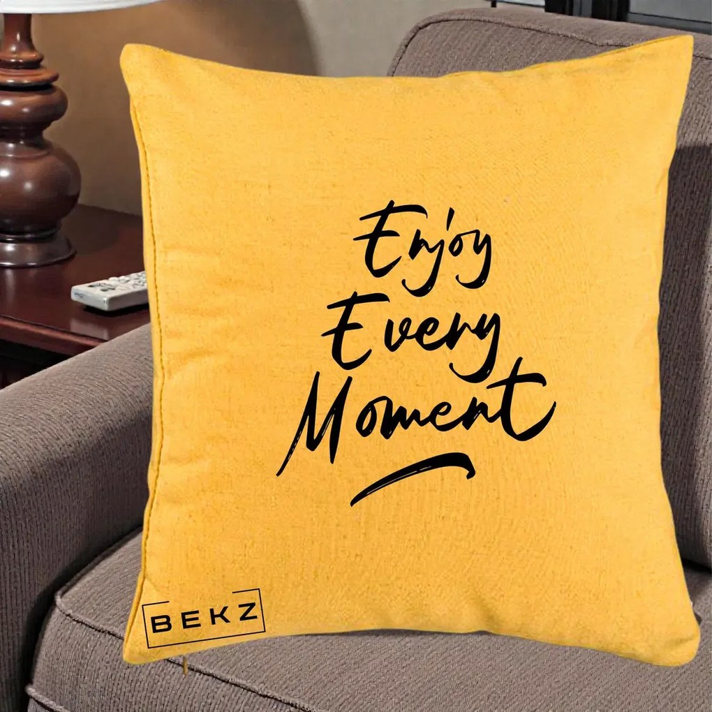Perna Decorativa Enjoy Every Moment, 40x40 cm, Galben, Husa Detasabila, Perna Inclusa, BEKZ®