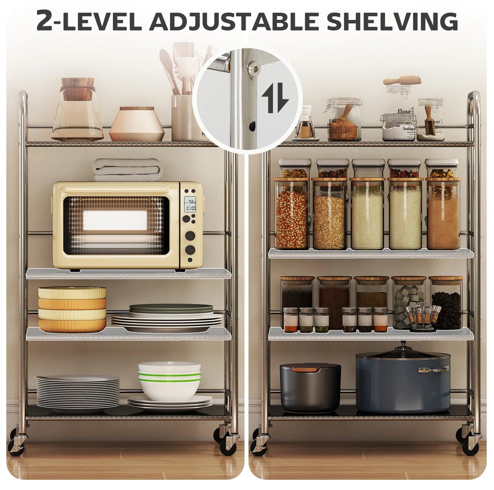 HOMCOM Cărucior de Bucătărie din Oțel Inoxidabil cu 4 Nivele și Rafturi Reglabile - Argintiu | Aosom Romania