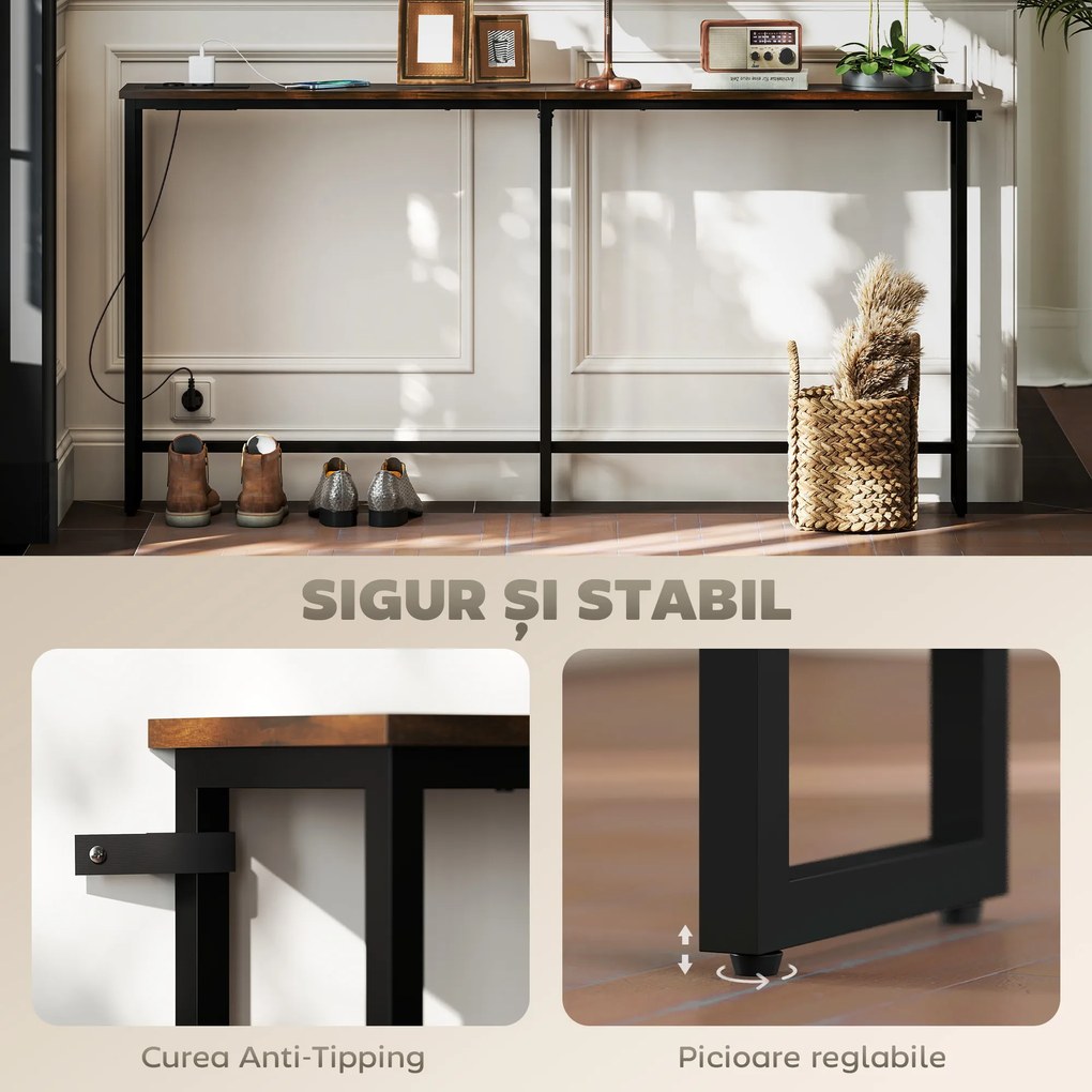 HOMCOM Masă Consolă Industrială cu Stație de Încărcare Maro | Aosom Romania