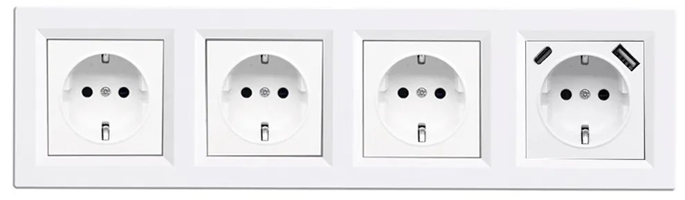 Priză Nova IV cu trei prize cu împământare și conector USB cu cadru alb