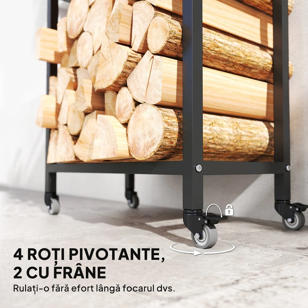 Outsunny Suport pentru Lemne de Foc Exterior și Interior din Oțel pe Două Nivele și cu Roți Negru | Aosom Romania
