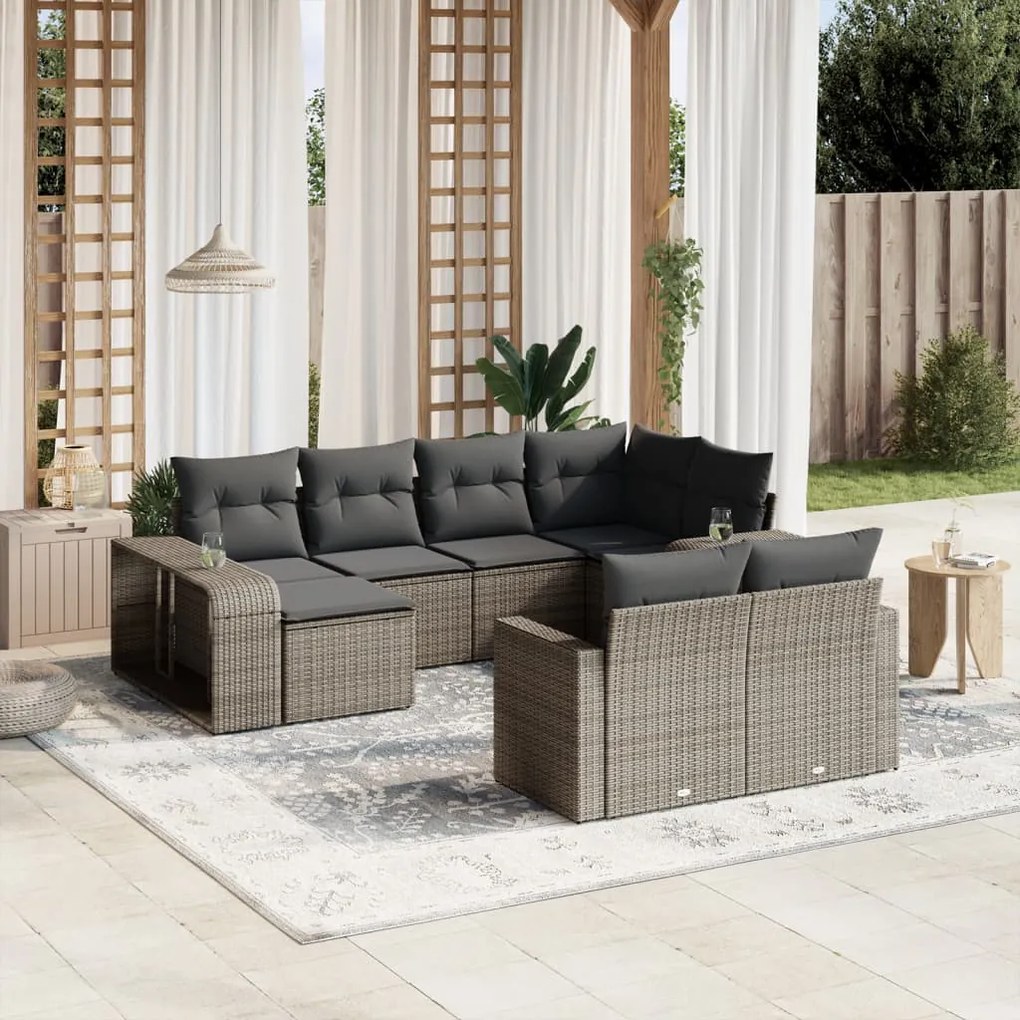 vidaXL Set mobilier de grădină cu perne, 10 piese, gri, poliratan