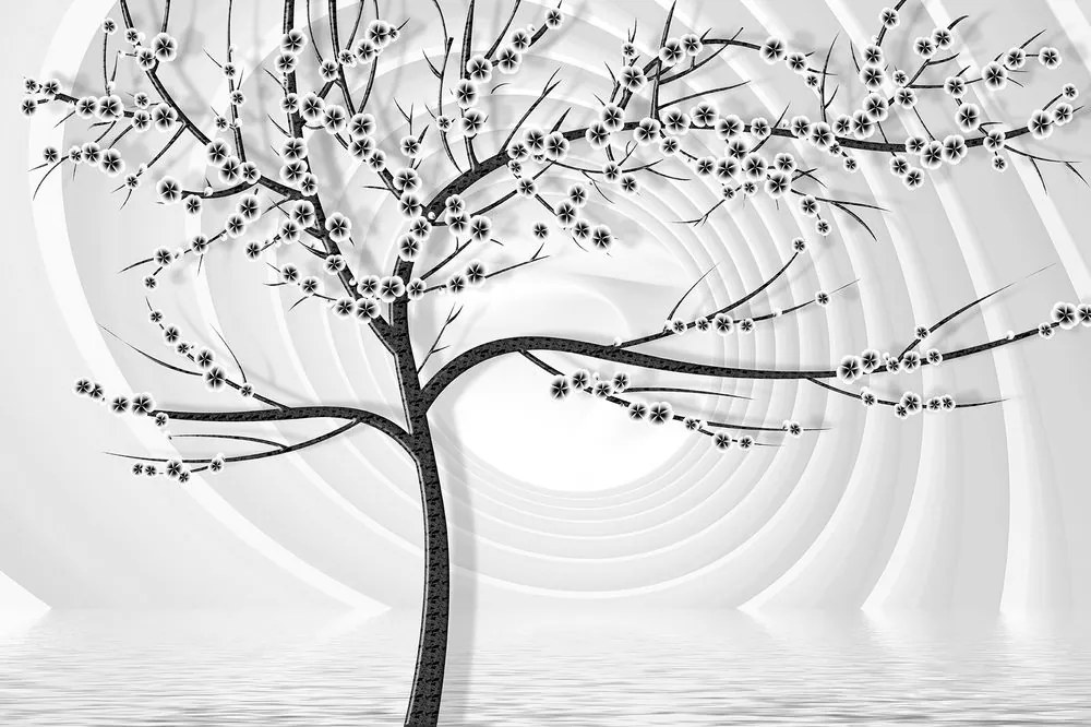 Tapet autoadeziv copac alb-negru modern pe fundal abstract