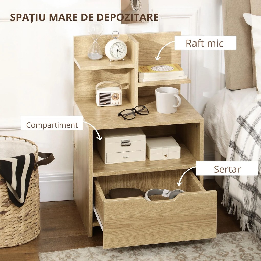 Noptieră Modernă HOMCOM | Sertar și Rafturi pentru Depozitare | Ideală pentru Dormitor sau Sufragerie | 45x35x73 cm | Lemn Natural | Aosom Romania