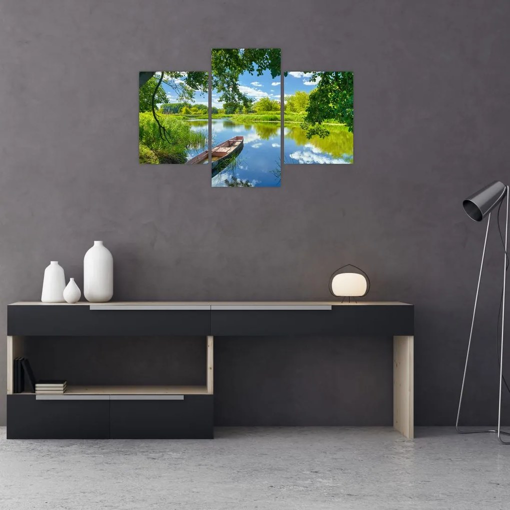 Tablou cu râu de vară și barcă (90x60 cm)