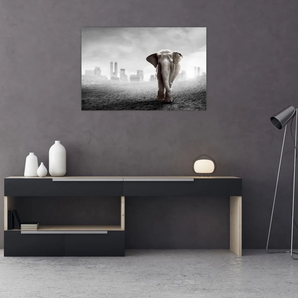 Tablou - Elefanți în oraș, versiunea alb-negru (90x60 cm)