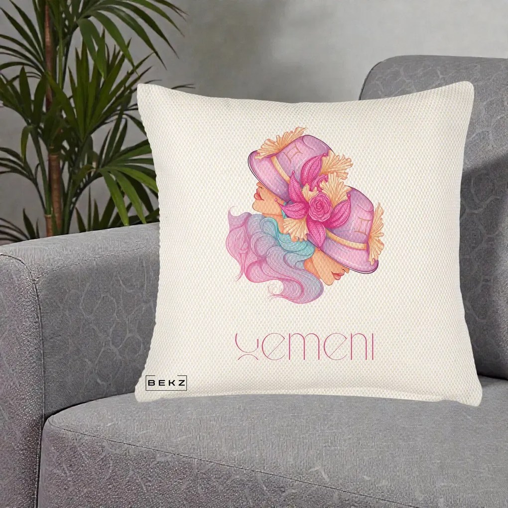 Perna Personalizata Zodie Gemeni, 40x40 cm, Crem Reliefat, Husa Detasabila, Perna Inclusa, BEKZ®