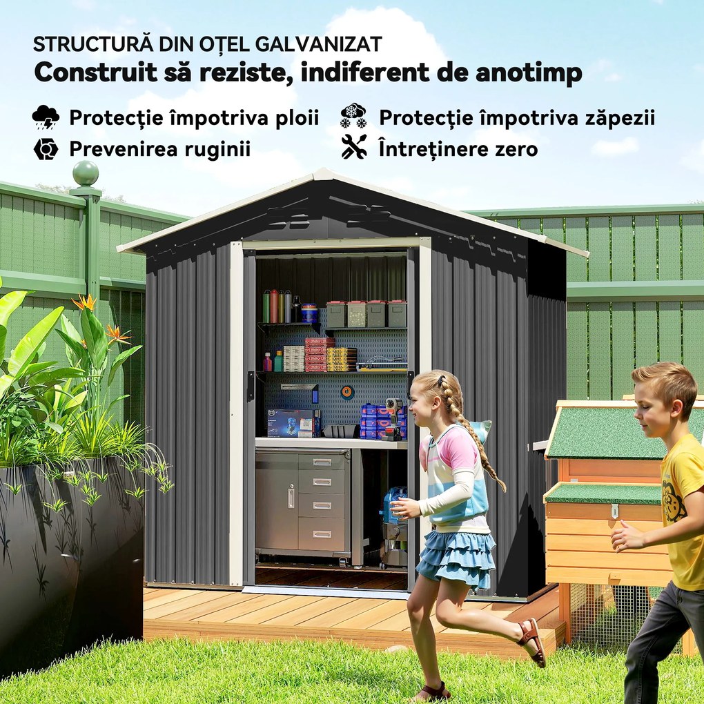 Outsunny Căsuță de Grădină, Magazie pentru Unelte, Oțel, 194x107x191 cm, Gri | Aosom Romania