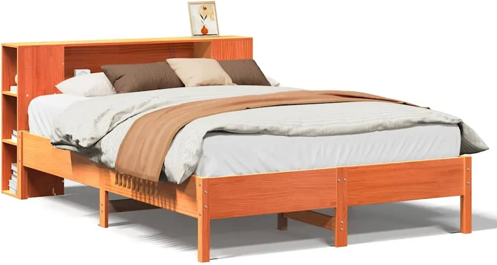 vidaXL Pat cu bibliotecă fără saltea maro 135x190 cm lemn masiv de pin