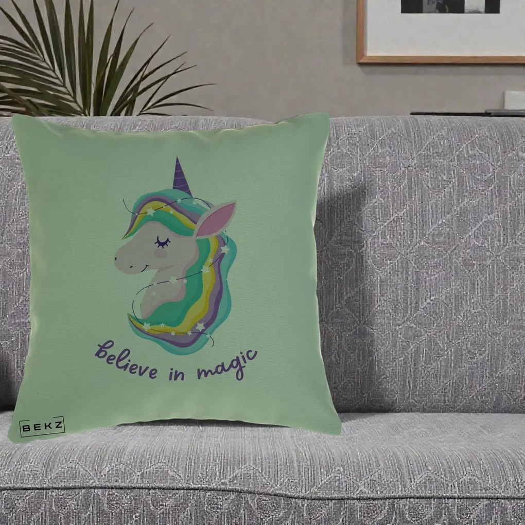 Perna Decorativa Unicorn Believe in Magic, 40x40 cm, Verde, Husa Detasabila, Perna Inclusa, BEKZ®