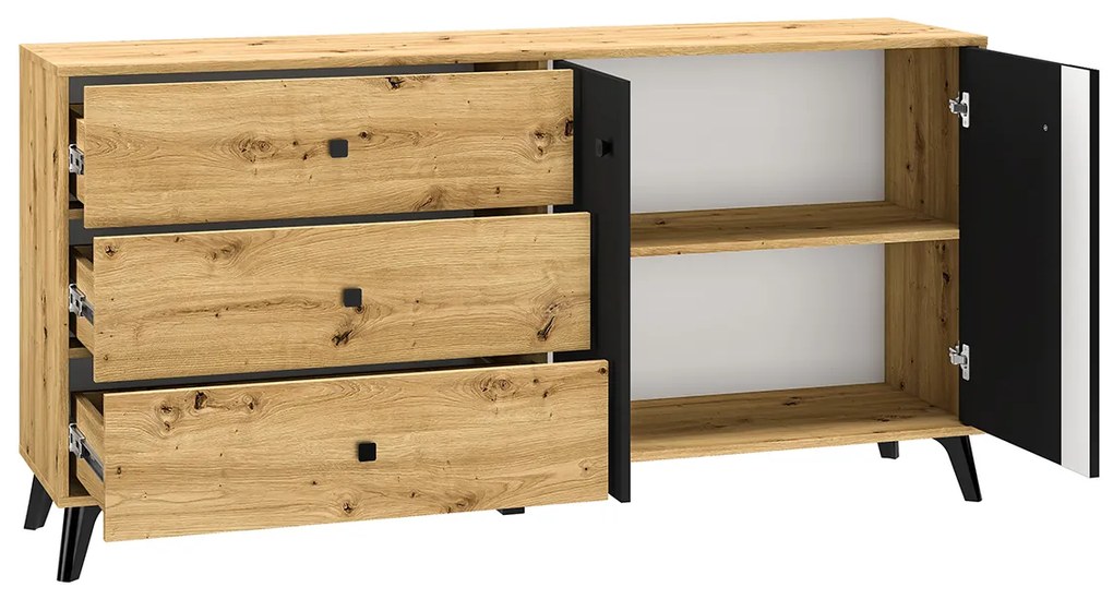 Comoda cu 3 sertare si 2 usi, stejar artisan negru, 165x83x40 cm, modern ,model pe mijloc usa, picioare negre , pentru living , dormitor, hol stejar