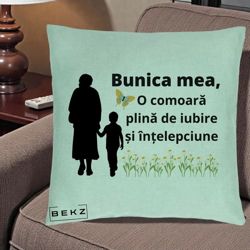 Cadou pentru Bunica - Perna Personalizata Bunica Mea Comoara cu Fluture si Baietel, 40x40 cm, Verde Menta, Husa Detasabila, Perna Inclusa, BEKZ®