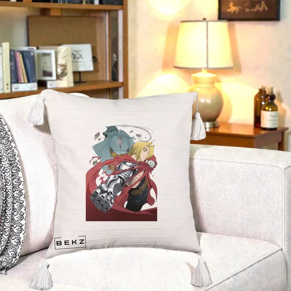 Perna Personalizata Fullmetal Alchemist Brotherhood Edward si Al Poster, 40x40 cm, Bej cu Franjuri, Husa Detasabila, Perna Inclusa, BEKZ®