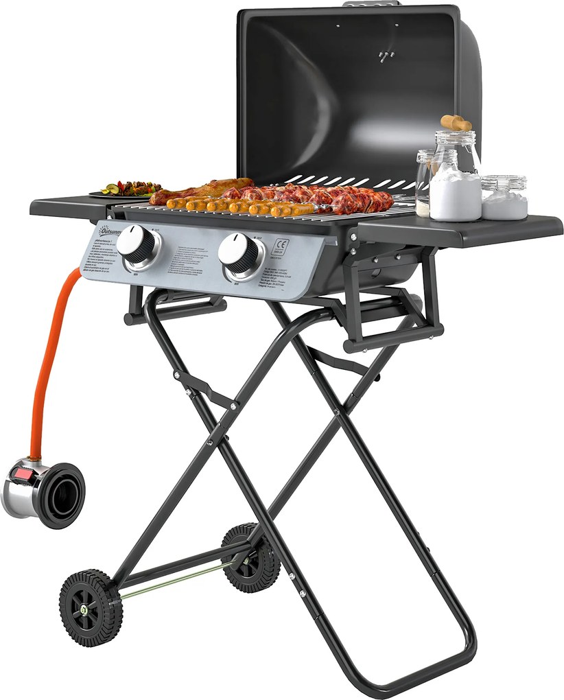 Outsunny Barbecue pe Gaz 2 Arzătoare, 2 Rafturi, Capac și Termometru Negru | Aosom Romania