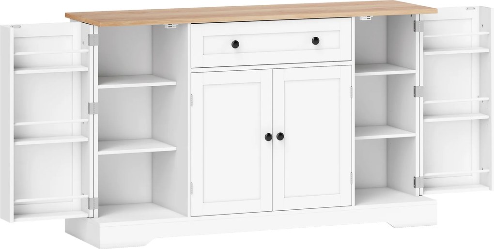 HOMCOM Servantă Bucătărie Modernă cu Sertar și 4 Uși, Dulap Bucătărie cu Rafturi Reglabile, 6 Suporturi pentru Condimente, 138x40x83,5 cm, Alb | Aosom Romania