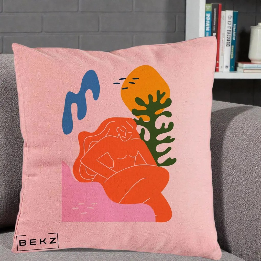 Perna Decorativa Femeie Portocalie Relaxata, 40x40 cm, Roz, Husa Detasabila, Perna Inclusa, BEKZ®