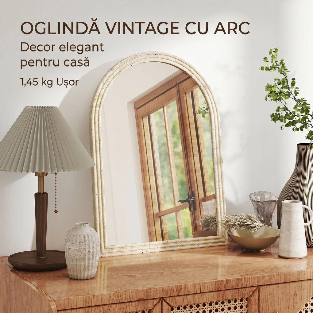 HOMCOM Oglindă de Perete în Arc cu Margine Canelată și Cârlige, Oglindă Modernă din Sticlă și Polistiren, 50x2x70 cm, Bej | Aosom Romania