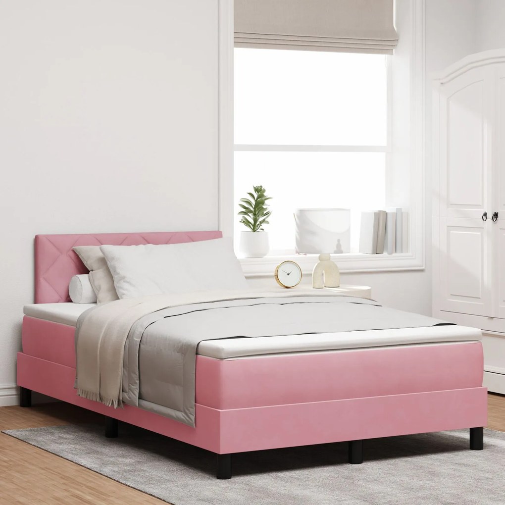 vidaXL Pat box spring cu saltea, roz, 120x200 cm, catifea