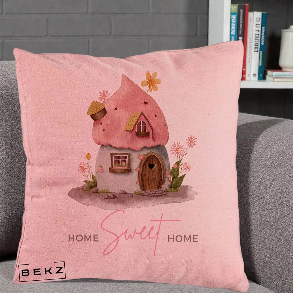 Perna Decorativa Home Sweet Home Casuta, 40x40 cm, Roz, Husa Detasabila, Perna Inclusa, BEKZ®