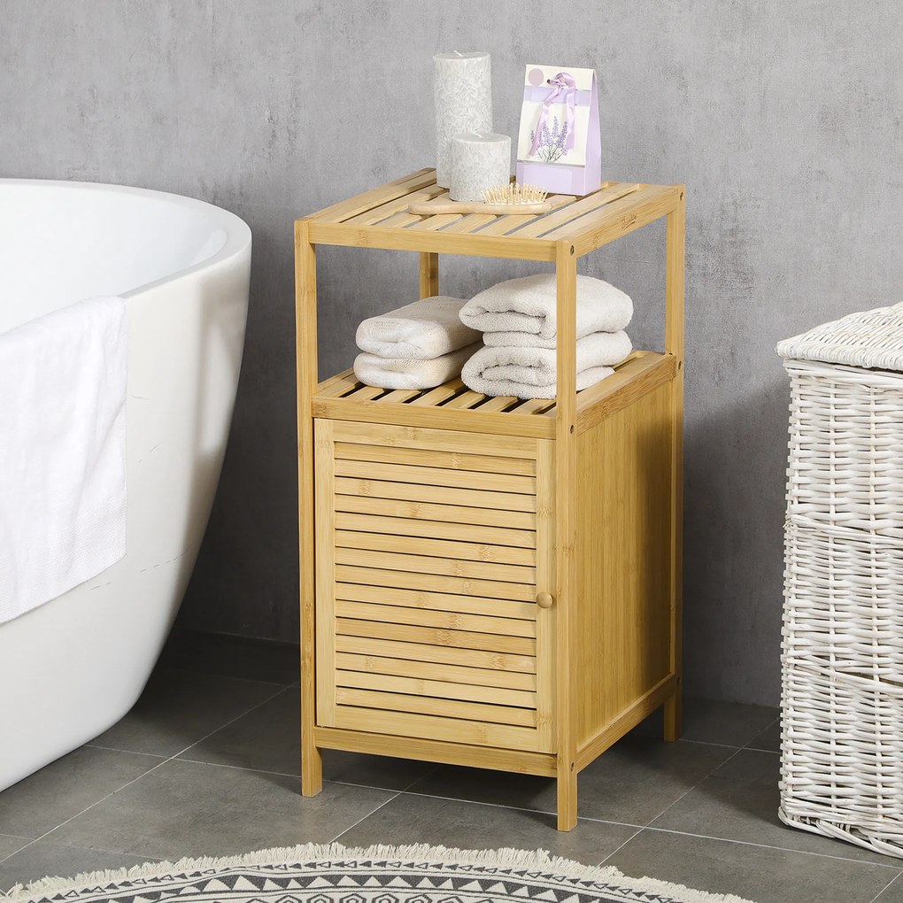 Kleankin Mobilier de Baie din Bambus cu Dulăpior cu Ușă și Rafturi, 33x36,5x67 cm, Lemn Natural | Aosom Romania