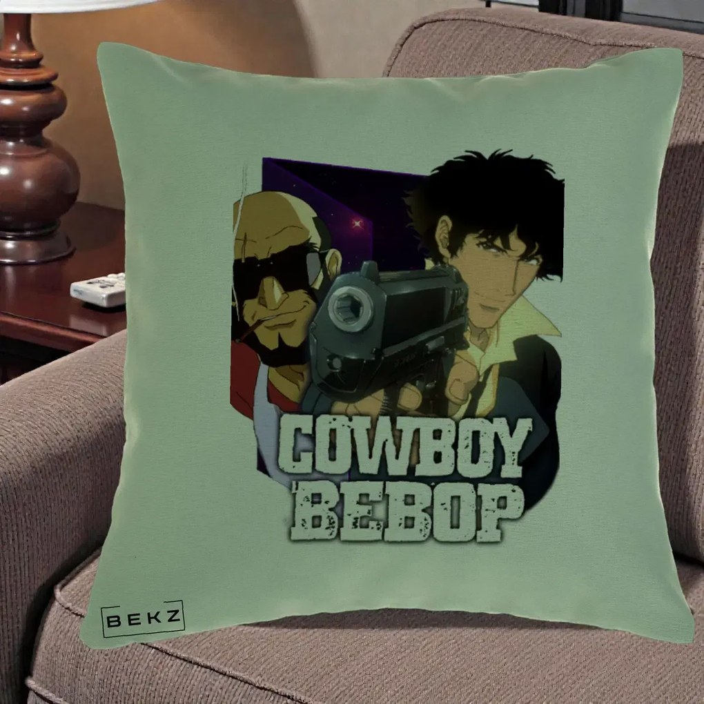 Perna Personalizata Cowboy Bebop Spike si Jet Poster, 40x40 cm, Verde, Husa Detasabila, Perna Inclusa, BEKZ®