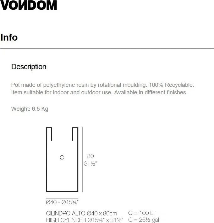 Ghiveci plante design decorativ modern exterior / interior CYLINDER POT 40x80cm