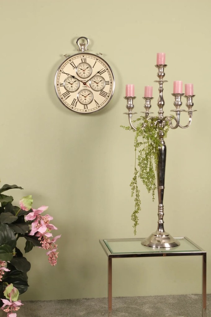 Sfeșnic mare din aluminiu, argintiu, candelabru cu 5 brațe pentru lumânări lungi, finisaj nichelat, 104 x 49 cm, „Saint-Honoré”