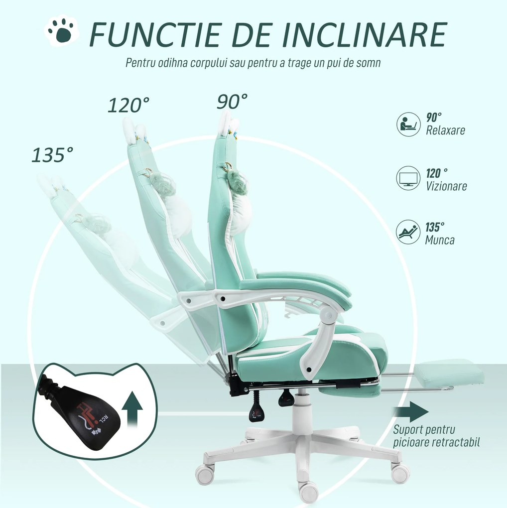 Scaun de Gaming Reclinabil HOMCOM cu Suport pentru Picioare și Perne, din Piele Artificială și Spumă, 65x62x116-124 cm, Albastru și Alb | Aosom Romania