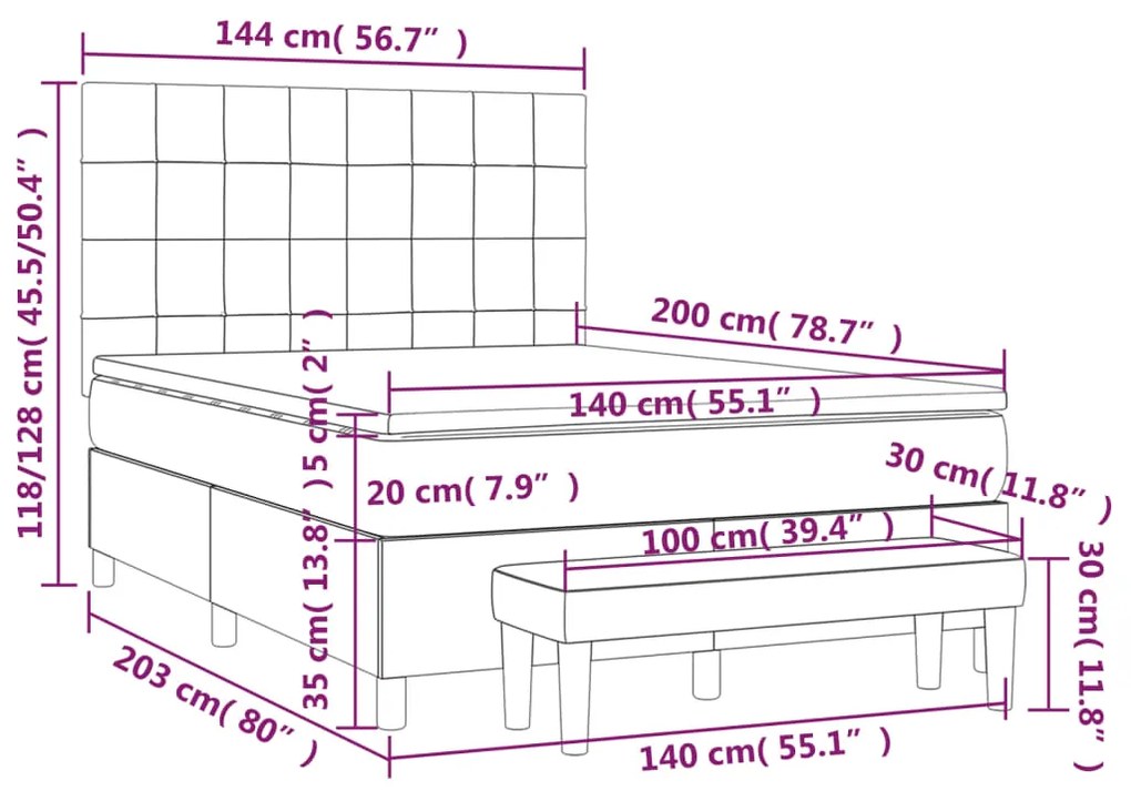 Pat box spring cu saltea, roz, 140x200 cm, catifea Roz, 140 x 200 cm, Cu blocuri patrate