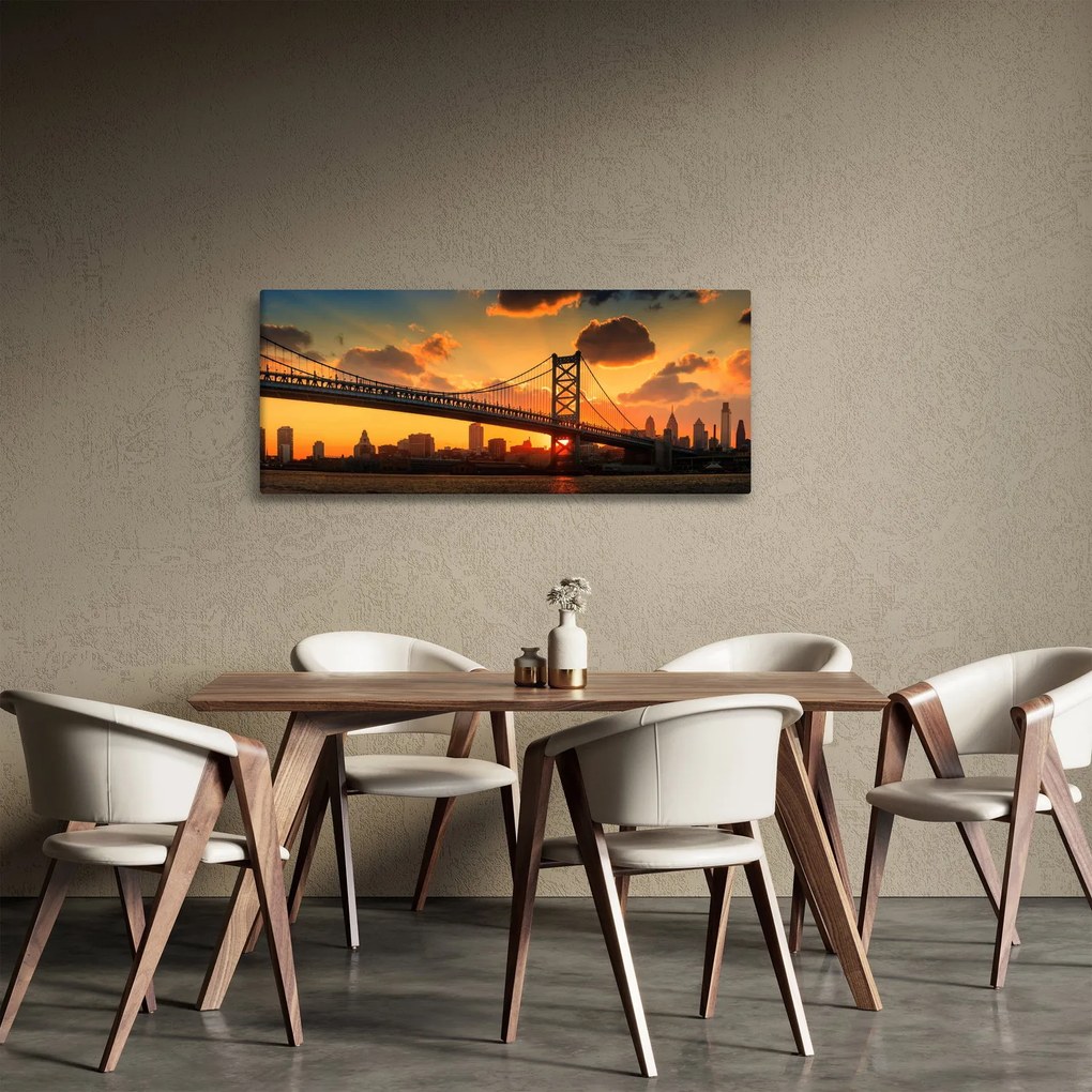 Tablou - Apus de soare peste Podul Ben Franklin, Philadelphia (120x50 cm)