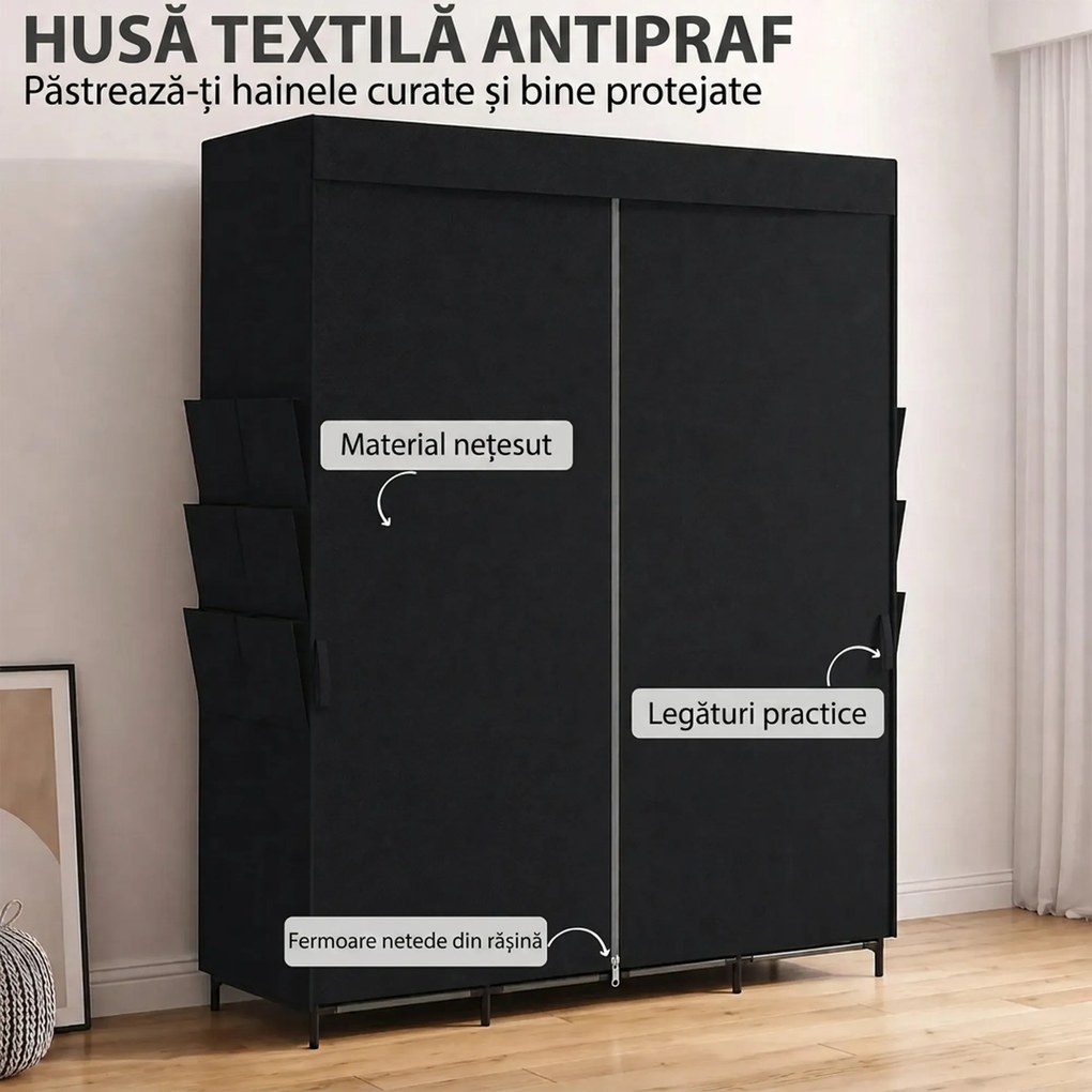 HOMCOM Garderobă Textilă cu 3 Bare și 3 Rafturi, Oțel și Material Netesut, 130 x 45 x 167 Cm, Negru | Aosom Romania