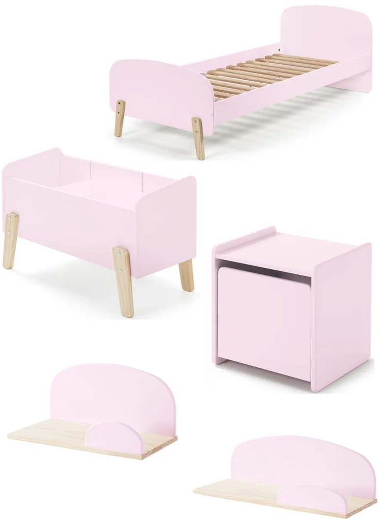 Set KIDDY în roz este format dintr-un Pat copii (90x200), noptieră, 2 rafturi de perete (45 și 65 cm) și o cutie de jucării.