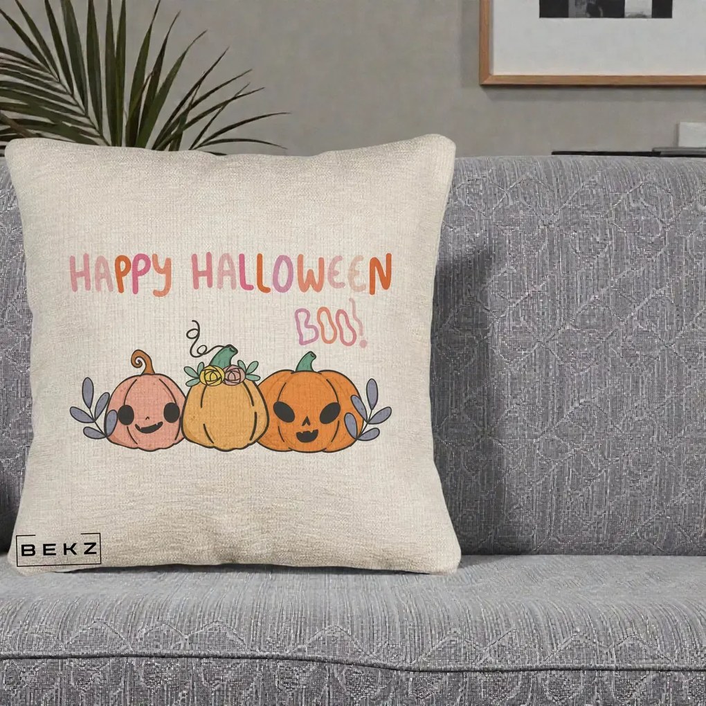 Perna Decorativa Happy Halloween Boo Trei Dovlecei Kawaii, 40x40 cm, Bej Canapea, Husa Detasabila, Perna Inclusa, BEKZ®